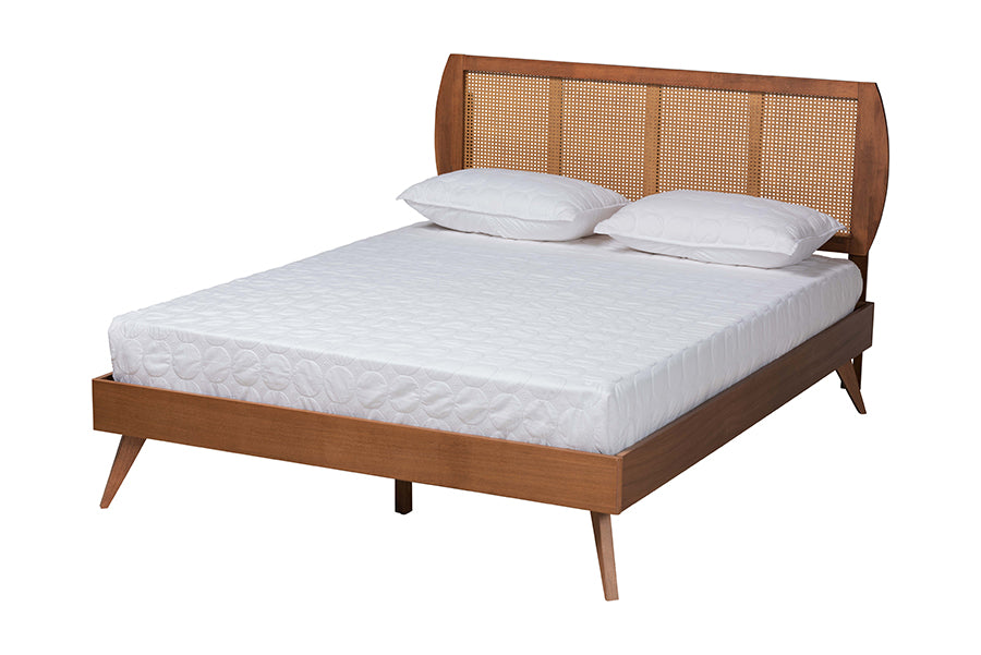 Baxton Studio Asami Mid-Century Modern Walnut Brown Finished Wood and Woven Rattan Queen Size 3-Piece Bedroom Set