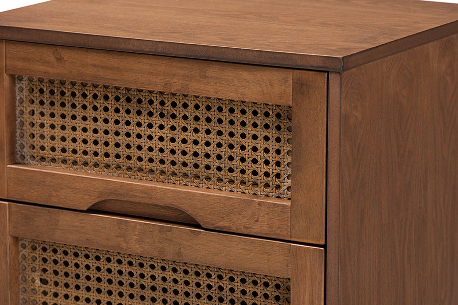 Baxton Studio Asami Mid-Century Modern Walnut Brown Finished Wood and Woven Rattan Queen Size 3-Piece Bedroom Set