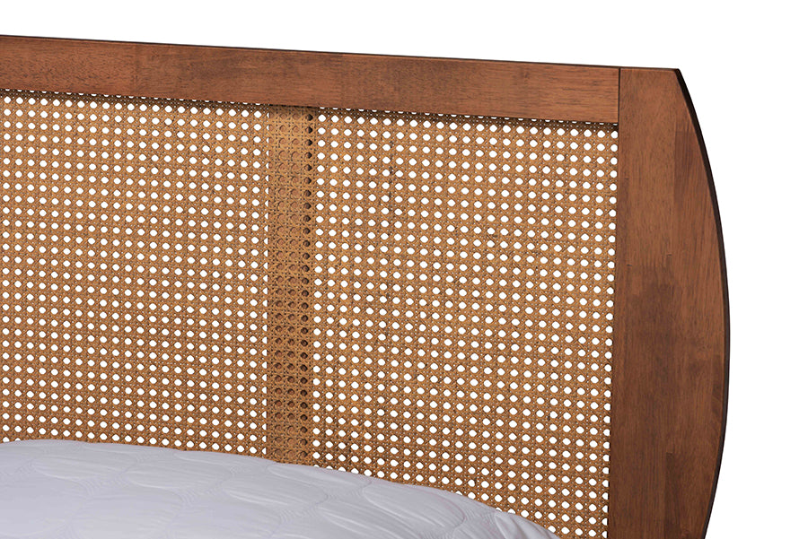 Baxton Studio Asami Mid-Century Modern Walnut Brown Finished Wood and Woven Rattan Queen Size 3-Piece Bedroom Set