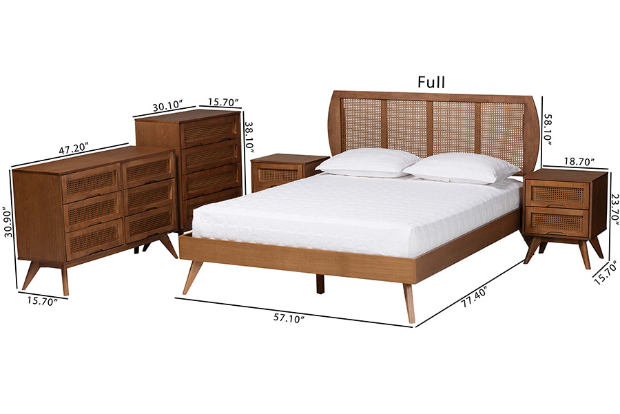 Baxton Studio Asami Mid-Century Modern Walnut Brown Finished Wood and Woven Rattan Full Size 5-Piece Bedroom Set