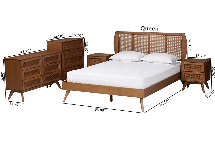 Baxton Studio Asami Mid-Century Modern Walnut Brown Finished Wood and Woven Rattan Queen Size 5-Piece Bedroom Set