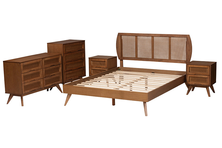 Baxton Studio Asami Mid-Century Modern Walnut Brown Finished Wood and Woven Rattan Queen Size 5-Piece Bedroom Set
