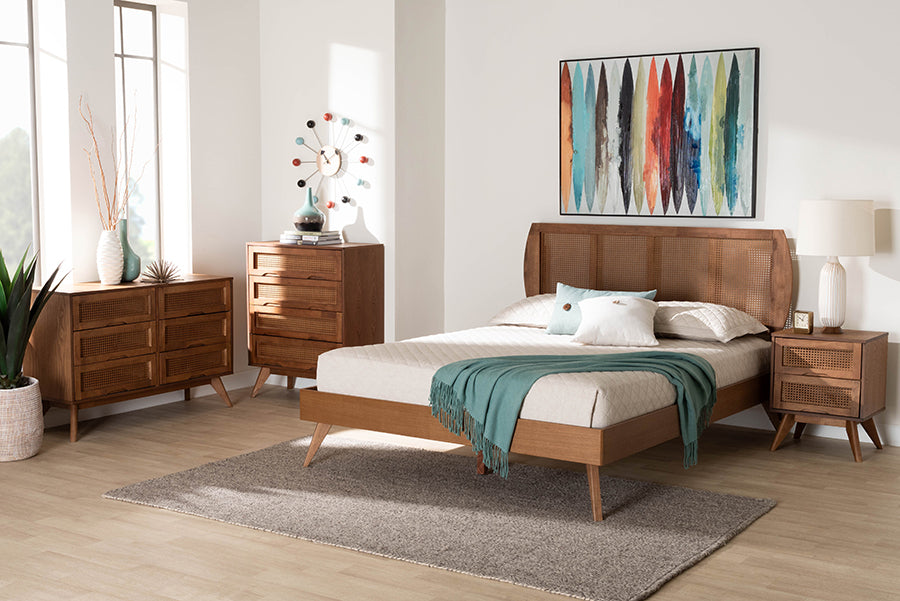 Baxton Studio Asami Mid-Century Modern Walnut Brown Finished Wood and Woven Rattan Full Size 4-Piece Bedroom Set