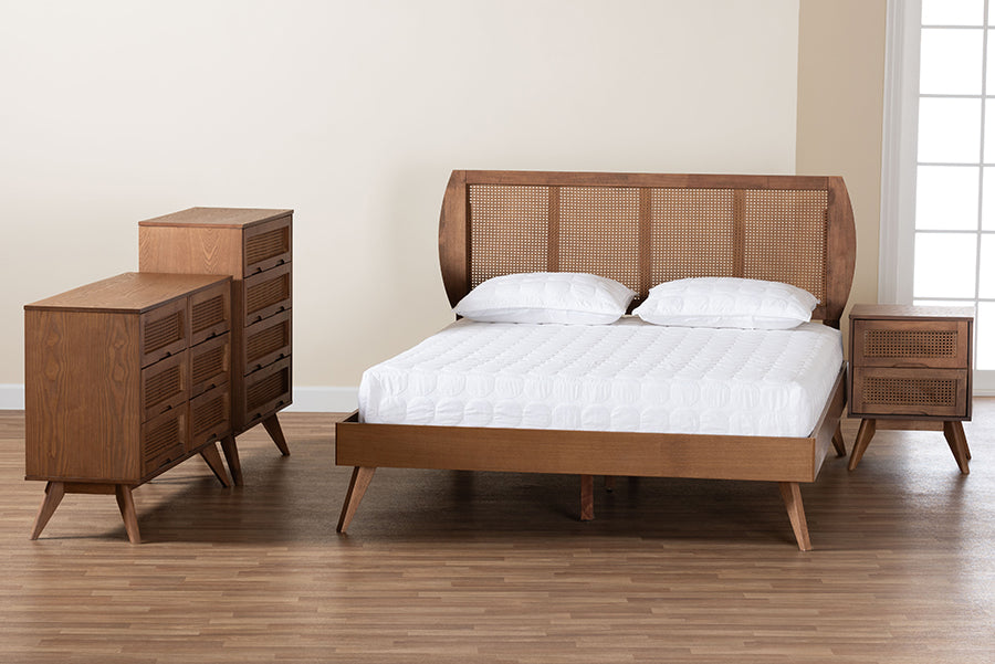 Baxton Studio Asami Mid-Century Modern Walnut Brown Finished Wood and Woven Rattan King Size 4-Piece Bedroom Set