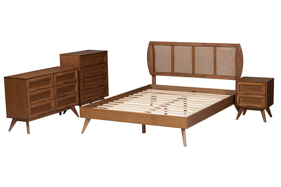 Baxton Studio Asami Mid-Century Modern Walnut Brown Finished Wood and Woven Rattan Queen Size 4-Piece Bedroom Set