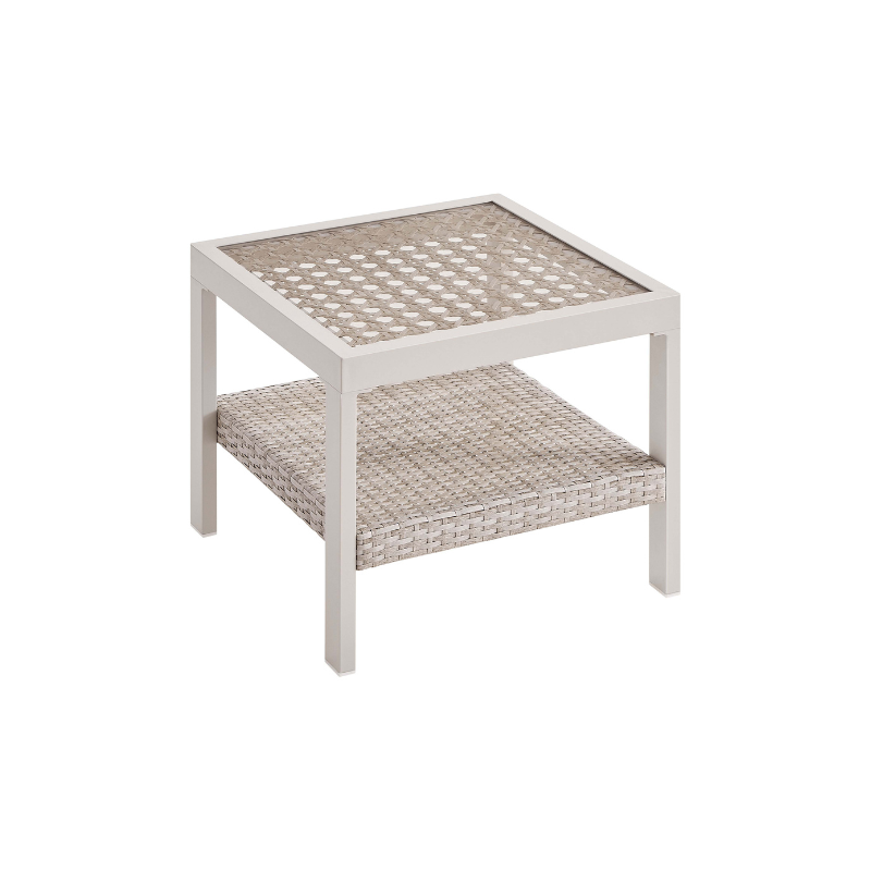 SONGMICS HOME Sencillo Outdoor Steel Glass Side Table, Bone Color – Cloud White, Light Teak