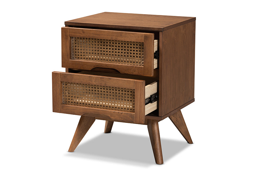 Baxton Studio Barrett Mid-Century Modern Walnut Brown Finished Wood and Synthetic Rattan 2-Drawer Nightstand
