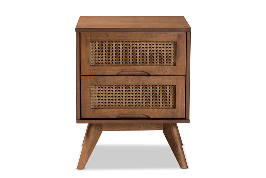 Baxton Studio Barrett Mid-Century Modern Walnut Brown Finished Wood and Synthetic Rattan 2-Drawer Nightstand