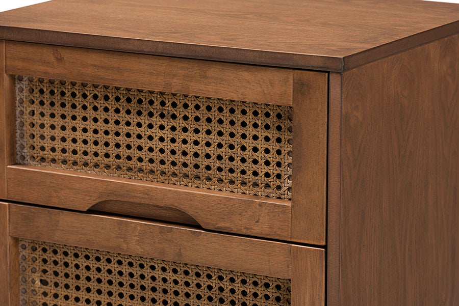 Baxton Studio Barrett Mid-Century Modern Walnut Brown Finished Wood and Synthetic Rattan 2-Drawer Nightstand