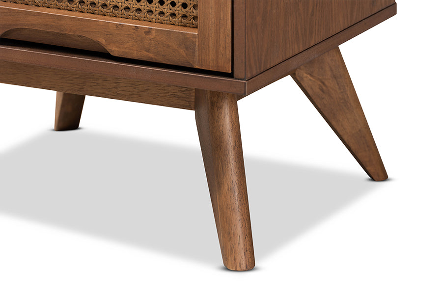Baxton Studio Barrett Mid-Century Modern Walnut Brown Finished Wood and Synthetic Rattan 2-Drawer Nightstand
