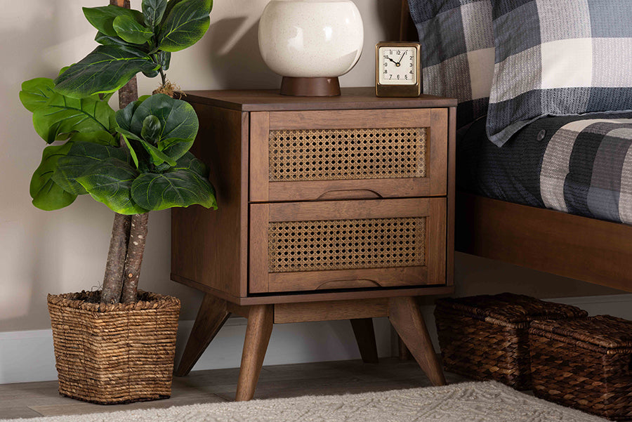 Baxton Studio Barrett Mid-Century Modern Walnut Brown Finished Wood and Synthetic Rattan 2-Drawer Nightstand
