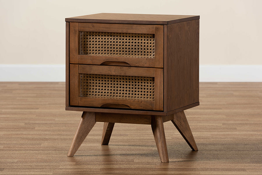 Baxton Studio Barrett Mid-Century Modern Walnut Brown Finished Wood and Synthetic Rattan 2-Drawer Nightstand