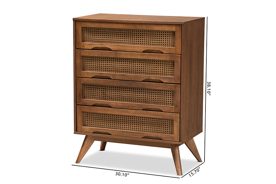 Baxton Studio Barrett Mid-Century Modern Walnut Brown Finished Wood and Synthetic Rattan 4-Drawer Chest