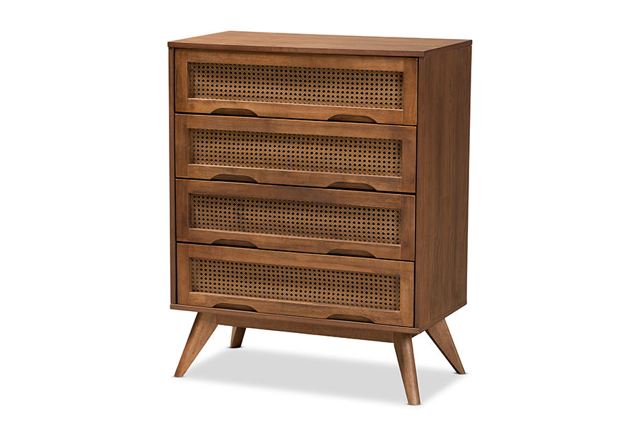 Baxton Studio Barrett Mid-Century Modern Walnut Brown Finished Wood and Synthetic Rattan 4-Drawer Chest