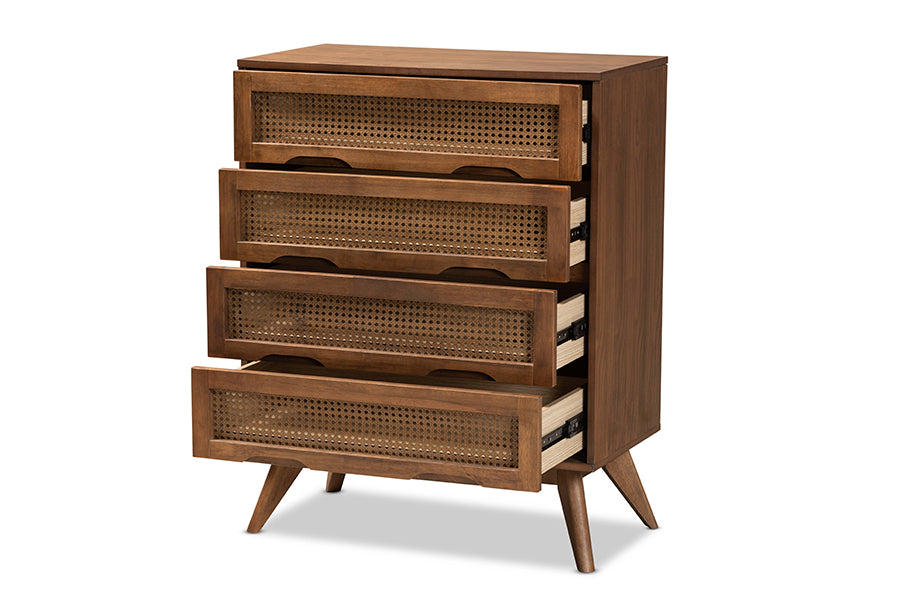 Baxton Studio Barrett Mid-Century Modern Walnut Brown Finished Wood and Synthetic Rattan 4-Drawer Chest
