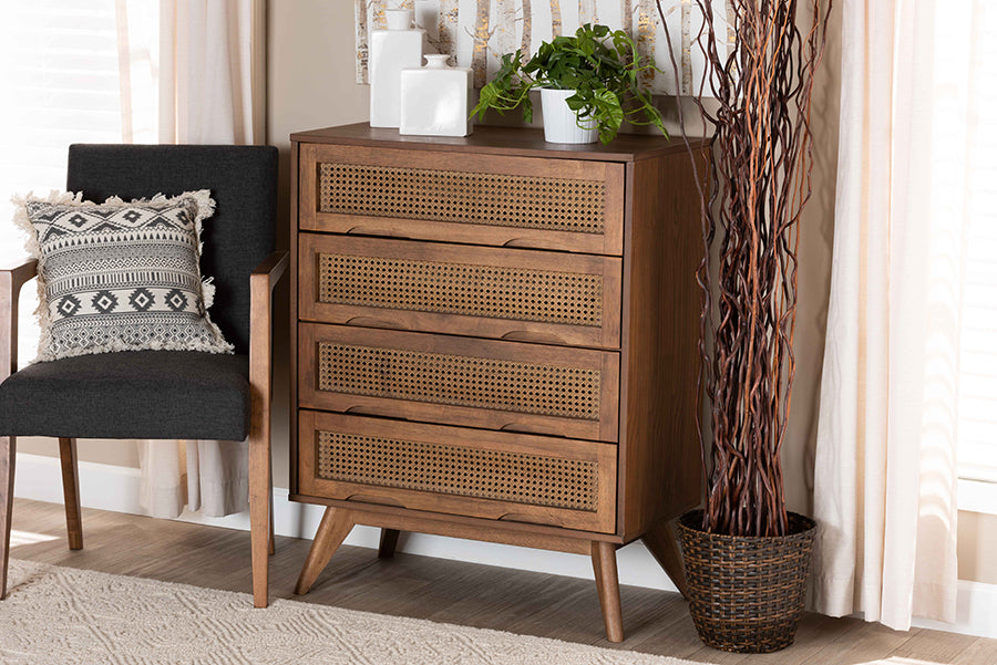 Baxton Studio Barrett Mid-Century Modern Walnut Brown Finished Wood and Synthetic Rattan 4-Drawer Chest