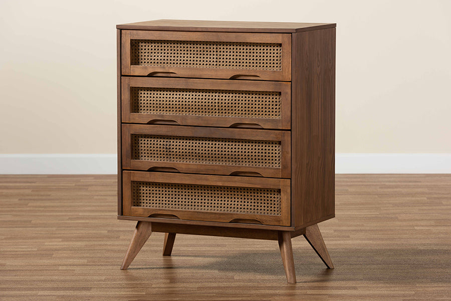 Baxton Studio Barrett Mid-Century Modern Walnut Brown Finished Wood and Synthetic Rattan 4-Drawer Chest