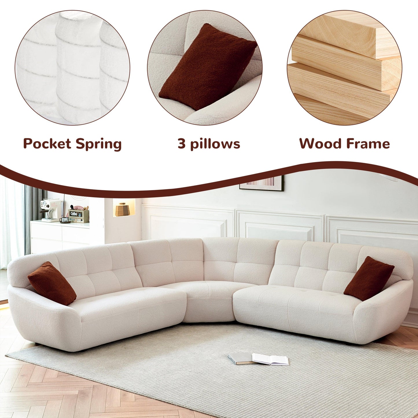 113" Modern Corner, Lamb Fabric Sectional Sofa (Beige) FredCo