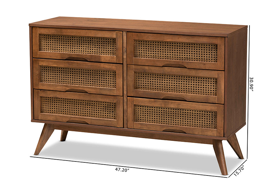 Baxton Studio Barrett Mid-Century Modern Walnut Brown Finished Wood and Synthetic Rattan 6-Drawer Dresser