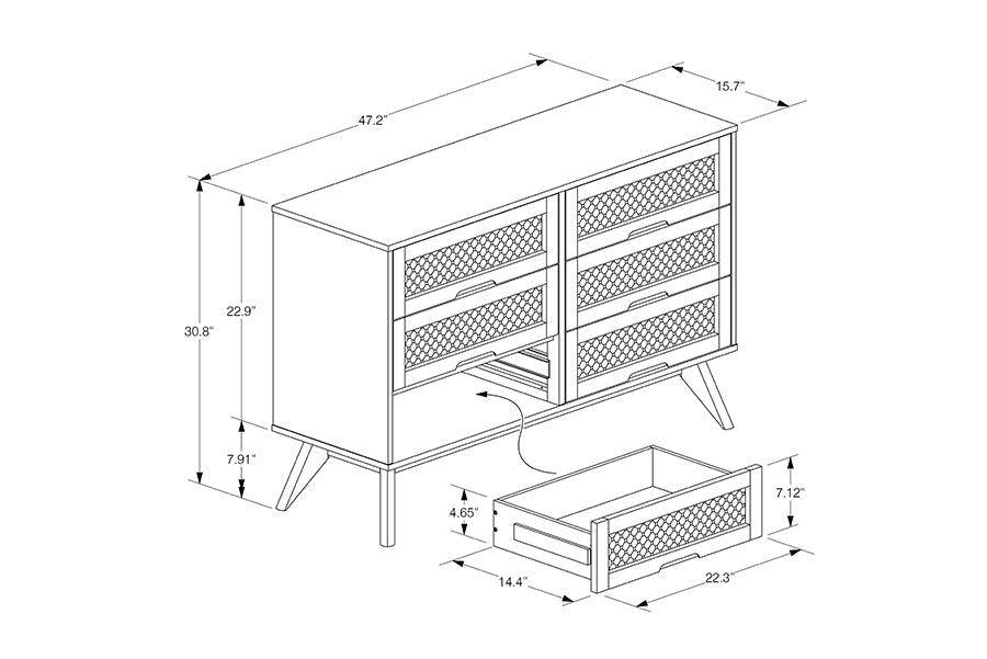 Baxton Studio Barrett Mid-Century Modern Walnut Brown Finished Wood and Synthetic Rattan 6-Drawer Dresser