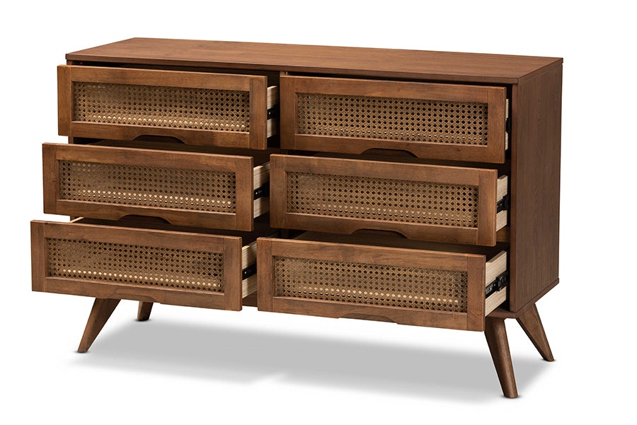 Baxton Studio Barrett Mid-Century Modern Walnut Brown Finished Wood and Synthetic Rattan 6-Drawer Dresser
