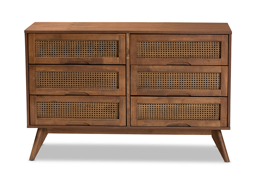 Baxton Studio Barrett Mid-Century Modern Walnut Brown Finished Wood and Synthetic Rattan 6-Drawer Dresser