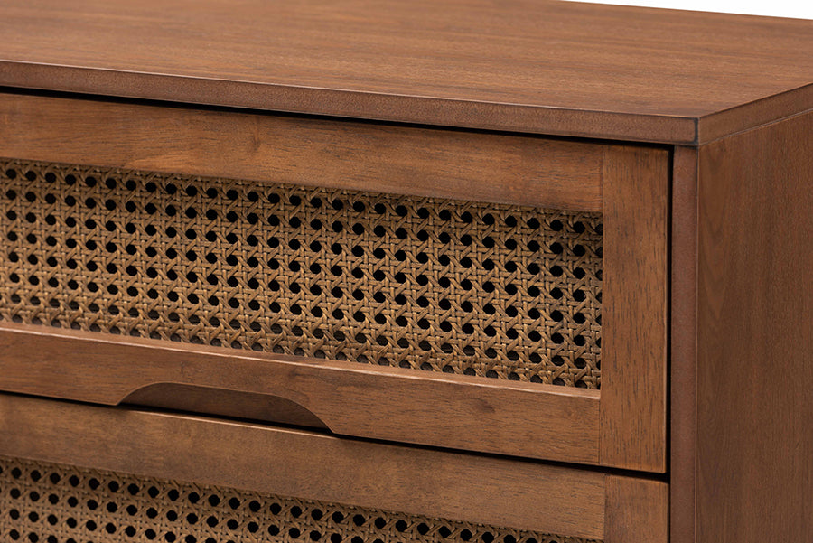 Baxton Studio Barrett Mid-Century Modern Walnut Brown Finished Wood and Synthetic Rattan 6-Drawer Dresser