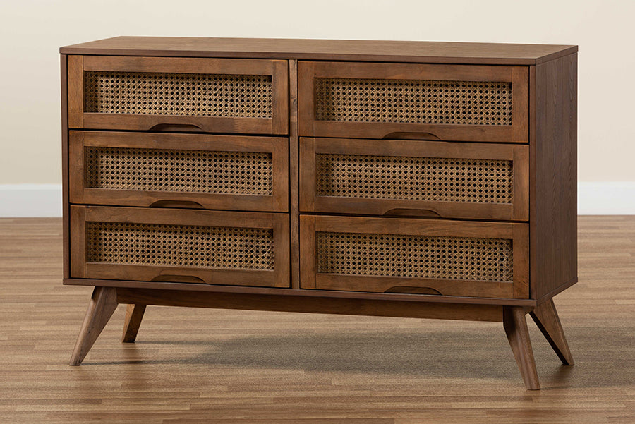 Baxton Studio Barrett Mid-Century Modern Walnut Brown Finished Wood and Synthetic Rattan 6-Drawer Dresser