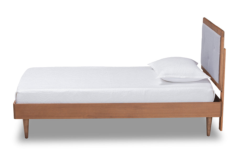Baxton Studio Saul Mid-Century Modern Light Grey Fabric Upholstered and Walnut Brown Finished Wood Twin Size Platform Bed