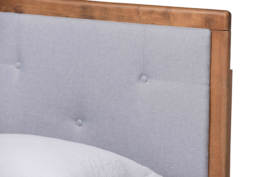 Baxton Studio Saul Mid-Century Modern Light Grey Fabric Upholstered and Walnut Brown Finished Wood Twin Size Platform Bed