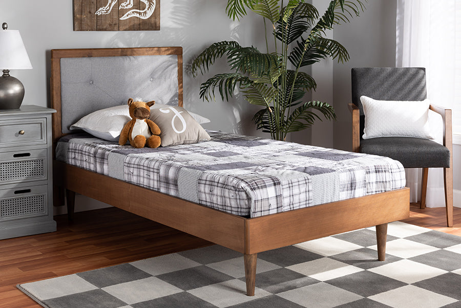 Baxton Studio Saul Mid-Century Modern Light Grey Fabric Upholstered and Walnut Brown Finished Wood Twin Size Platform Bed