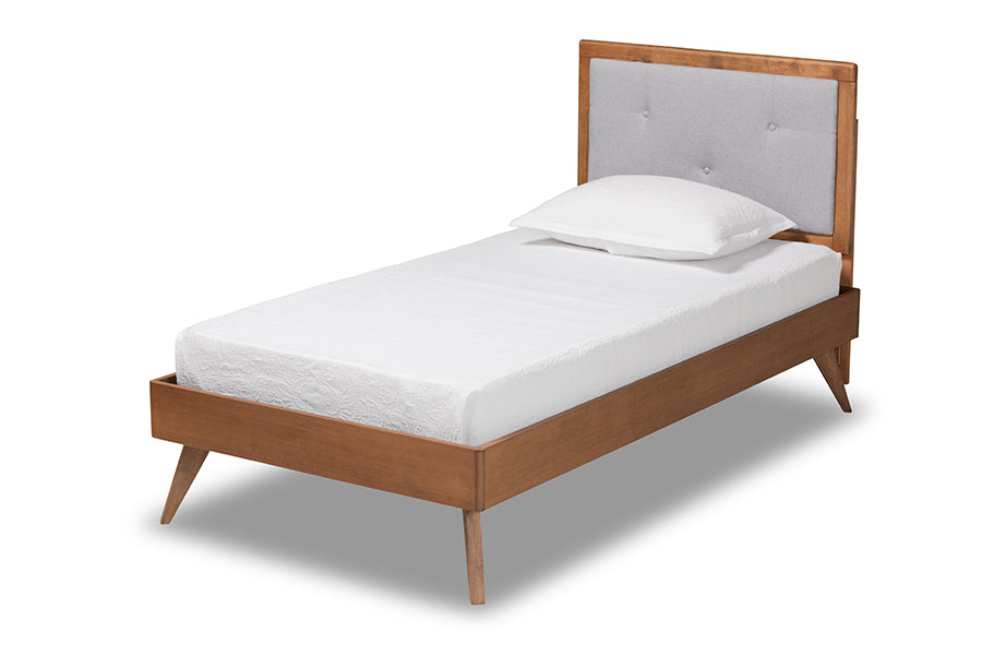 Baxton Studio Laima Mid-Century Modern Light Grey Fabric Upholstered and Walnut Brown Finished Wood Twin Size Platform Bed