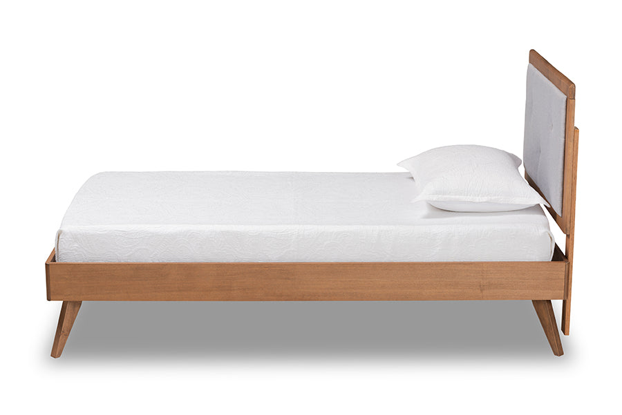 Baxton Studio Laima Mid-Century Modern Light Grey Fabric Upholstered and Walnut Brown Finished Wood Twin Size Platform Bed