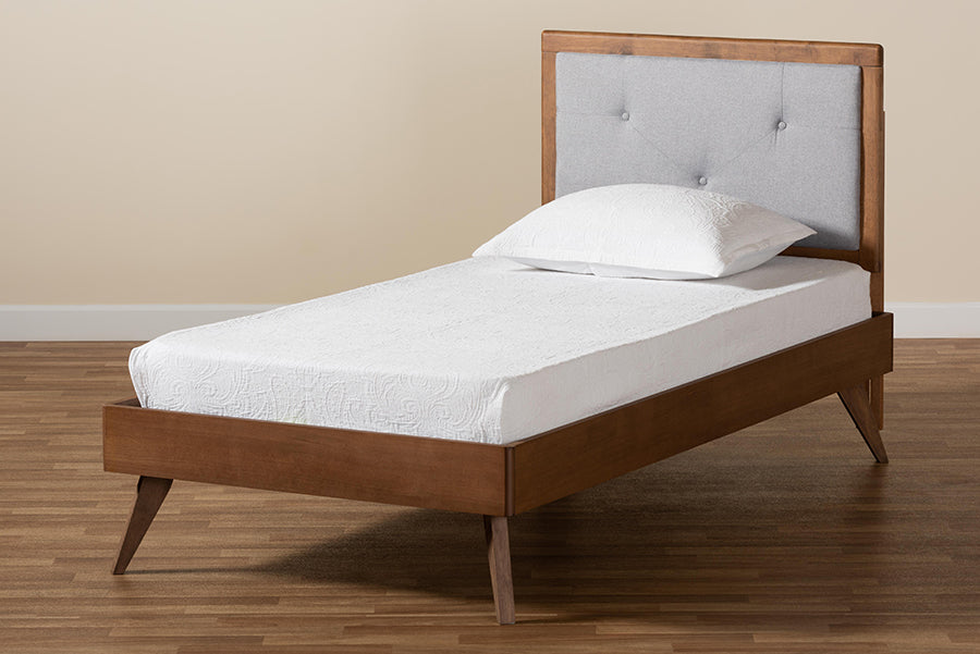 Baxton Studio Laima Mid-Century Modern Light Grey Fabric Upholstered and Walnut Brown Finished Wood Twin Size Platform Bed