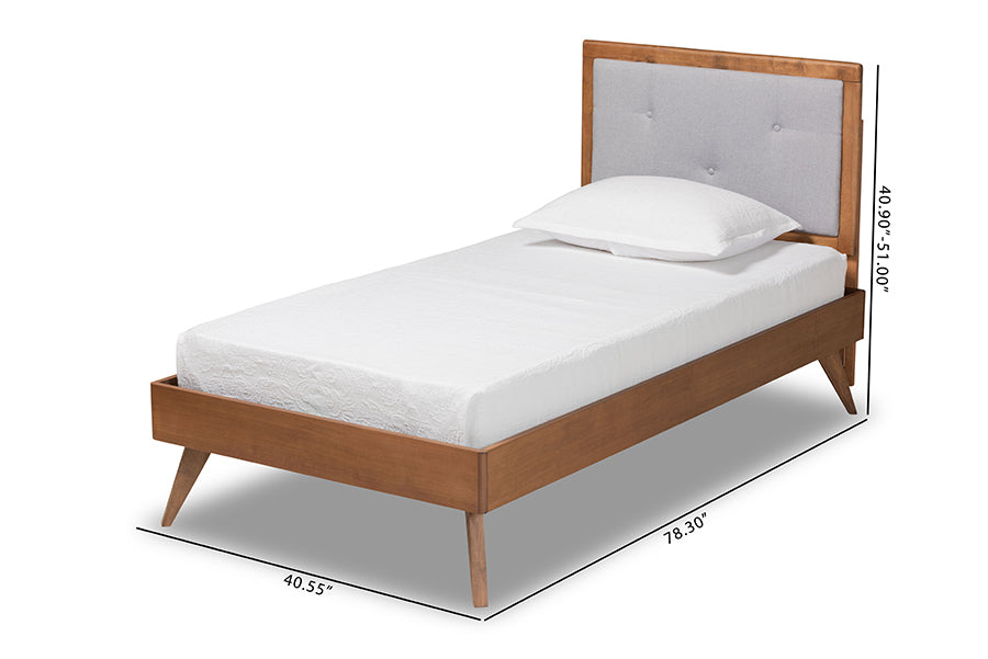 Baxton Studio Laima Mid-Century Modern Light Grey Fabric Upholstered and Walnut Brown Finished Wood Twin Size Platform Bed