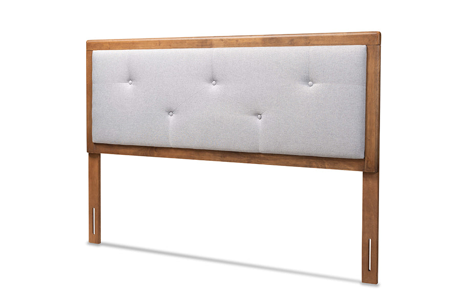 Baxton Studio Abner Modern and Contemporary Transitional Light Grey Fabric Upholstered and Walnut Brown Finished Wood Queen Size Headboard