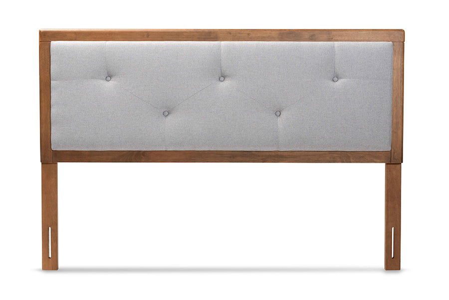 Baxton Studio Abner Modern and Contemporary Transitional Light Grey Fabric Upholstered and Walnut Brown Finished Wood Queen Size Headboard