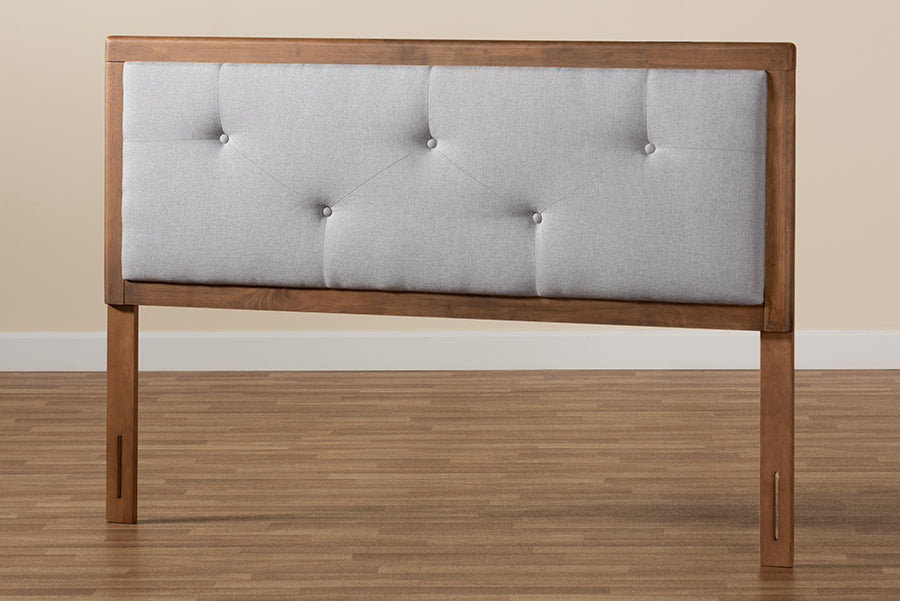 Baxton Studio Abner Modern and Contemporary Transitional Light Grey Fabric Upholstered and Walnut Brown Finished Wood Queen Size Headboard
