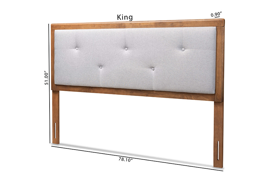 Baxton Studio Abner Modern and Contemporary Transitional Light Grey Fabric Upholstered and Walnut Brown Finished Wood Queen Size Headboard
