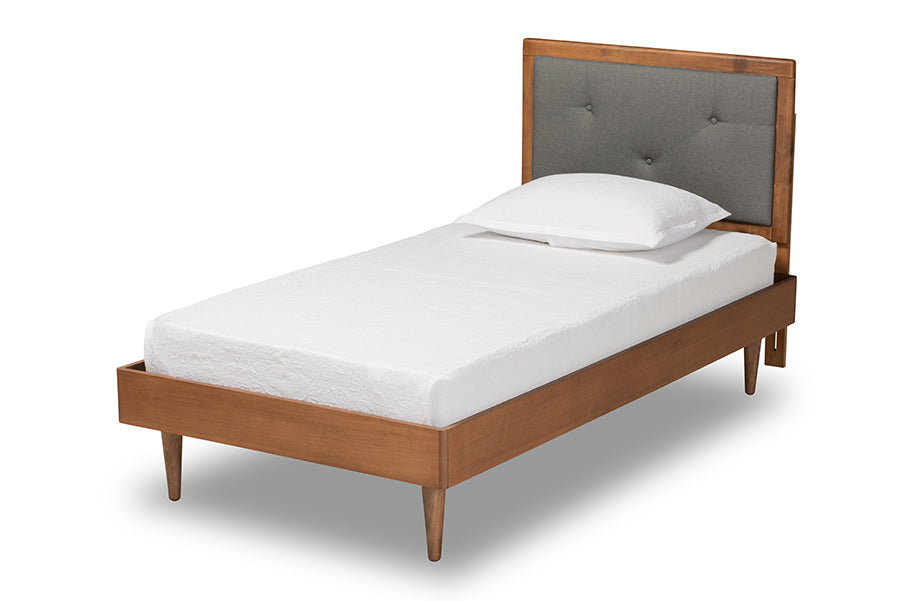Baxton Studio Saul Mid-Century Modern Dark Grey Fabric Upholstered and Walnut Brown Finished Wood Twin Size Platform Bed