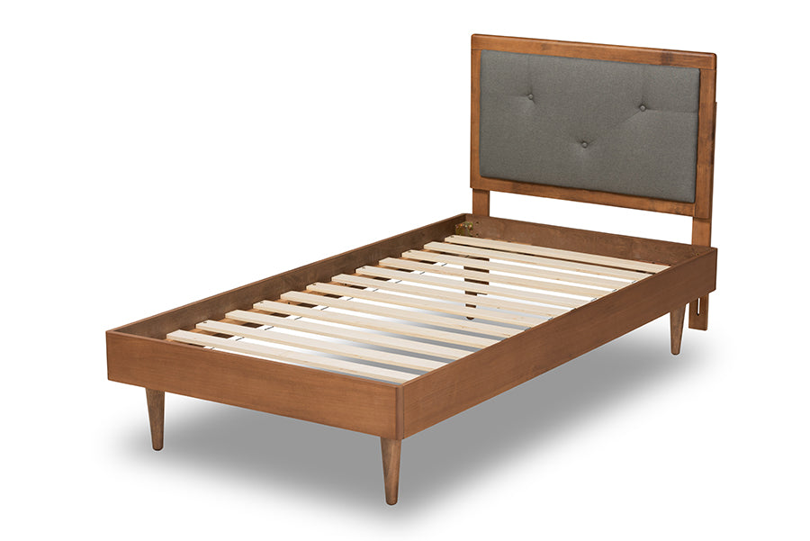 Baxton Studio Saul Mid-Century Modern Dark Grey Fabric Upholstered and Walnut Brown Finished Wood Twin Size Platform Bed