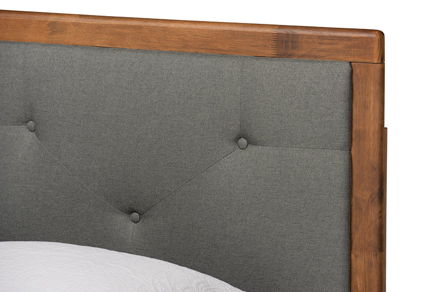 Baxton Studio Saul Mid-Century Modern Dark Grey Fabric Upholstered and Walnut Brown Finished Wood Twin Size Platform Bed