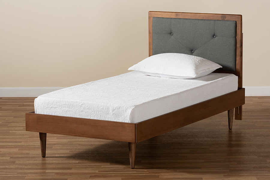 Baxton Studio Saul Mid-Century Modern Dark Grey Fabric Upholstered and Walnut Brown Finished Wood Twin Size Platform Bed