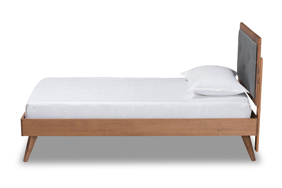 Baxton Studio Laima Mid-Century Modern Dark Grey Fabric Upholstered and Walnut Brown Finished Wood Twin Size Platform Bed