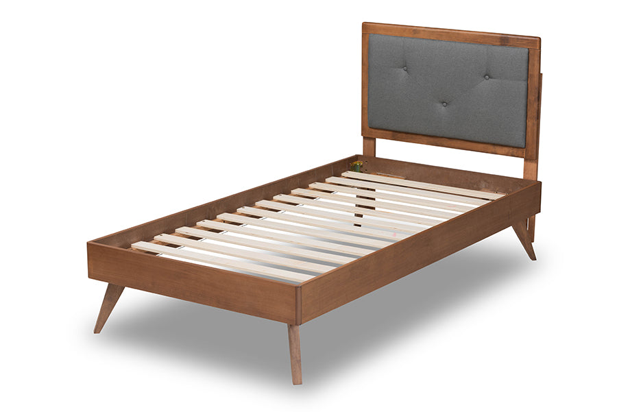 Baxton Studio Laima Mid-Century Modern Dark Grey Fabric Upholstered and Walnut Brown Finished Wood Twin Size Platform Bed