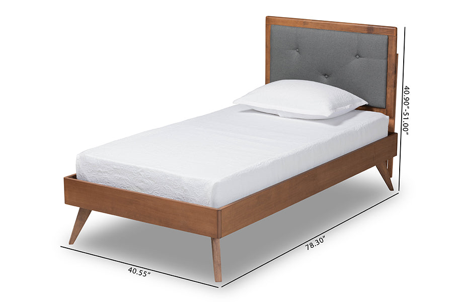 Baxton Studio Laima Mid-Century Modern Dark Grey Fabric Upholstered and Walnut Brown Finished Wood Twin Size Platform Bed