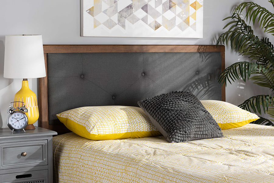 Baxton Studio Abner Modern and Contemporary Transitional Dark Grey Fabric Upholstered and Walnut Brown Finished Wood Queen Size Headboard