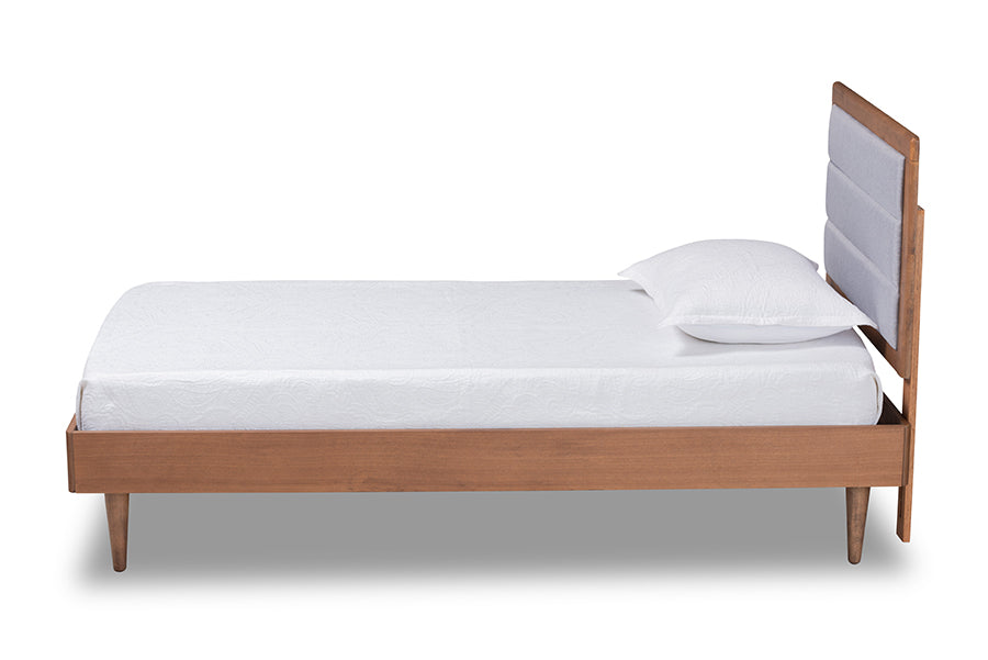 Baxton Studio Seren Mid-Century Modern Light Grey Fabric Upholstered and Walnut Brown Finished Wood Twin Size Platform Bed