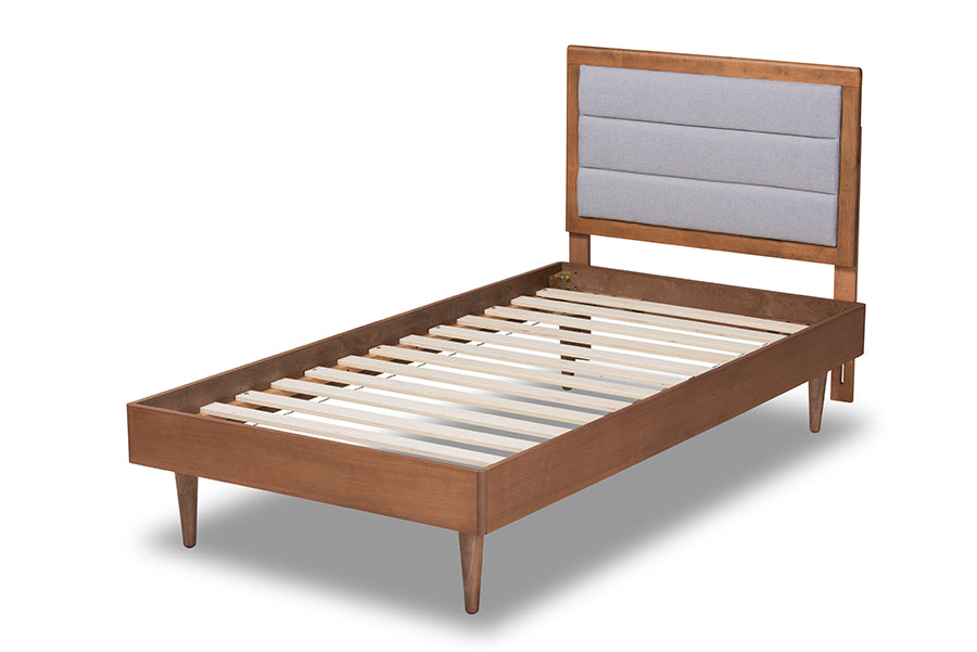 Baxton Studio Seren Mid-Century Modern Light Grey Fabric Upholstered and Walnut Brown Finished Wood Twin Size Platform Bed