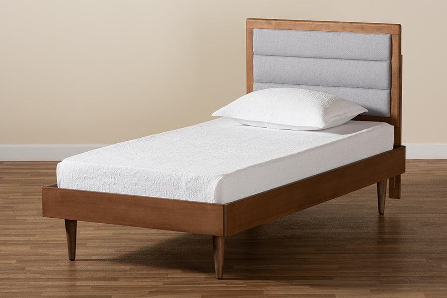 Baxton Studio Seren Mid-Century Modern Light Grey Fabric Upholstered and Walnut Brown Finished Wood Twin Size Platform Bed